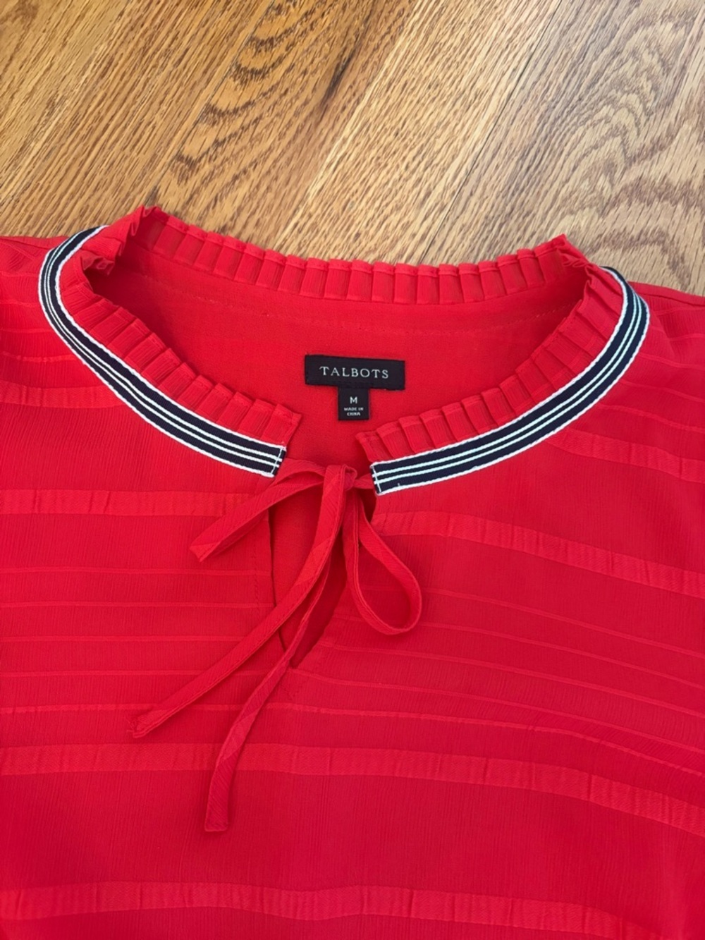 Talbots Red Textured Stripe Tie Neck Blouse Medium Nautical Trim Lined Top - Picture 5 of 10